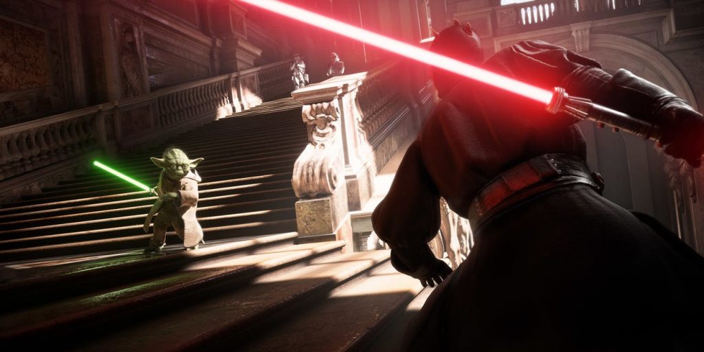 darth maul and yoda face off in combat during star wars battlefront 2