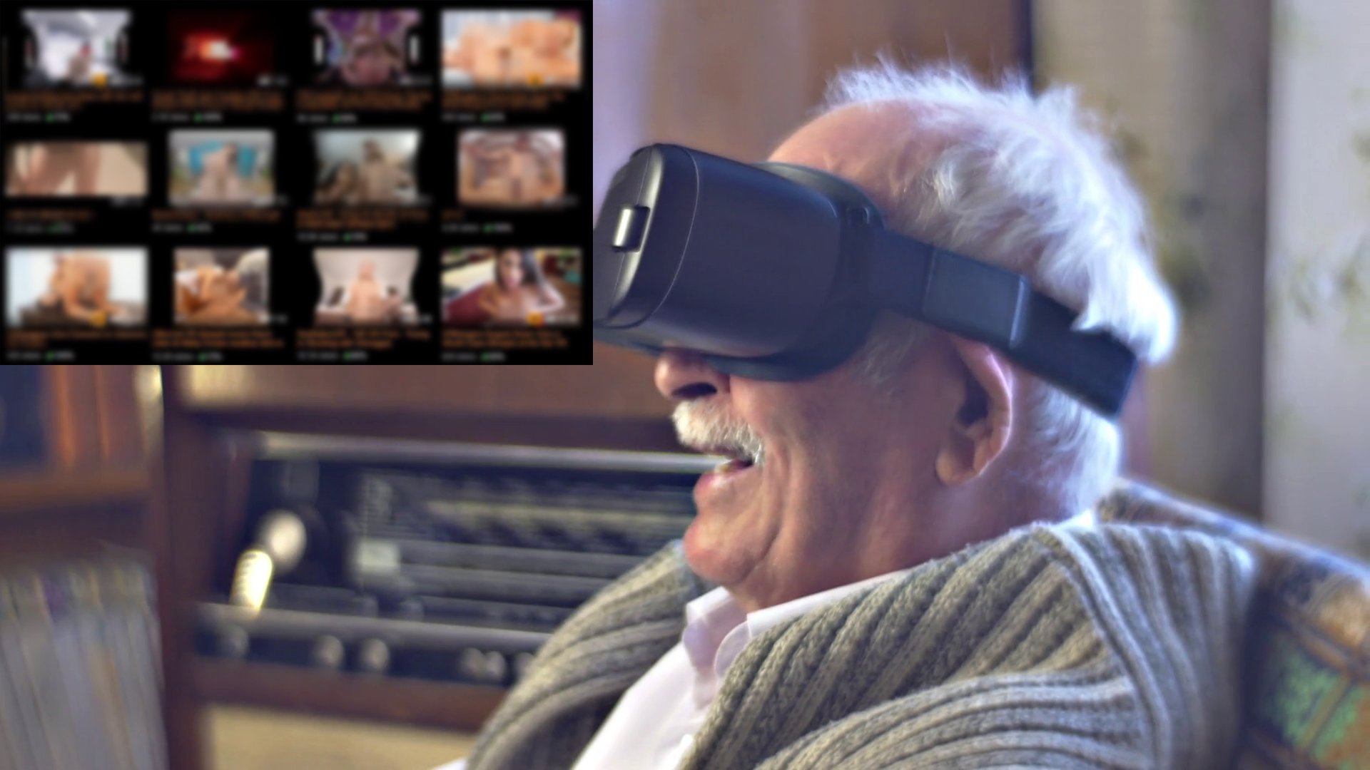excited grandpa in vr glasses is smiling turning his head and smiling telling what he sees man feels the movie or game real senior man and