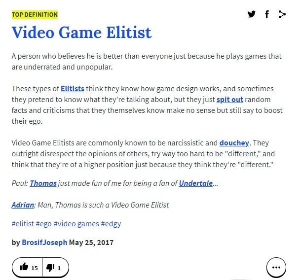 Definisi Video Game Elitis menurut Urban Dictionary. 