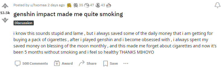 Berkat Genshin Impact Seorang Gamer Mengakui Bahwa Dirinya Telah Berhenti Merokok 1