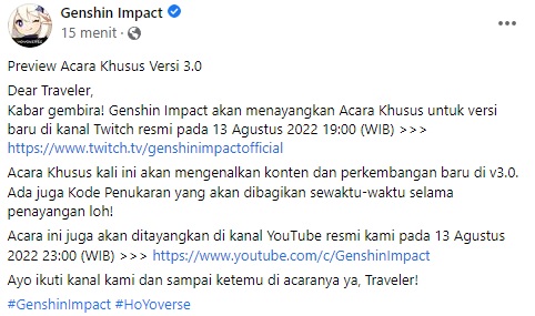 Jadwal Resmi Livestream Genshin Impact 3.0