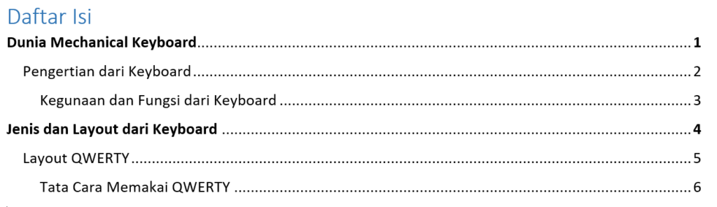 Contoh Table of Contents Keyboard