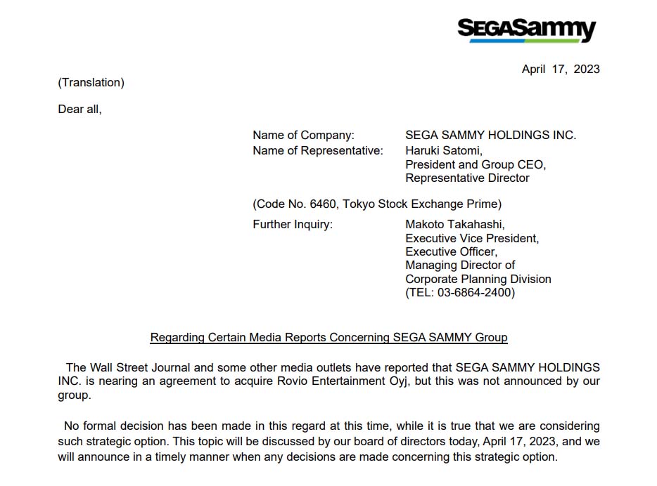 Pernyataan Sega Konfirmasi Pembelian Rovio
