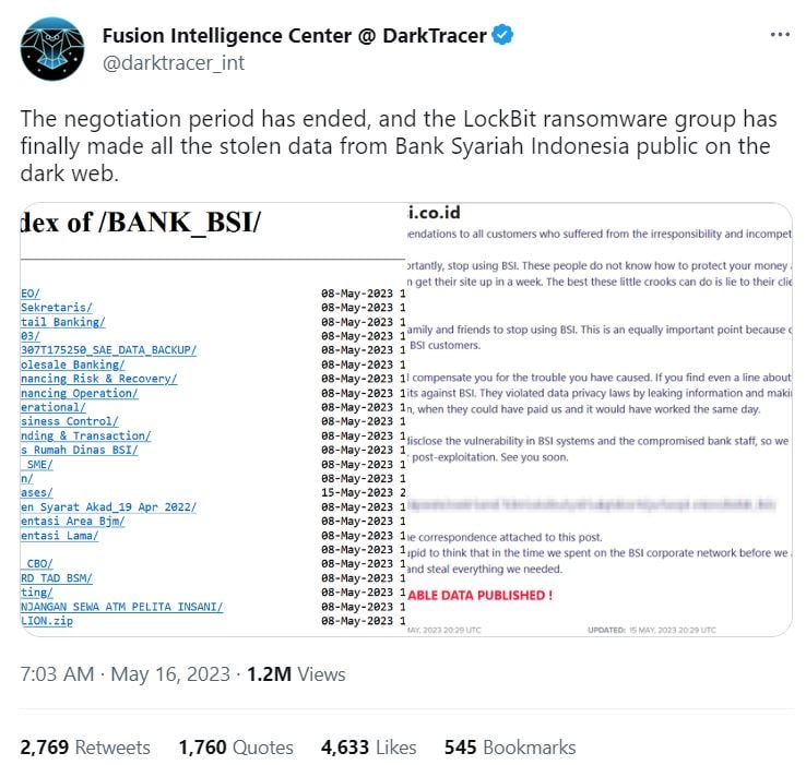 Darktracer Bank Syariah Indonesia Bsi Diretas