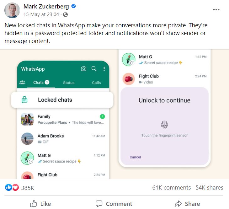 Postingan Mark Zuckerberg Wa Chat Lock