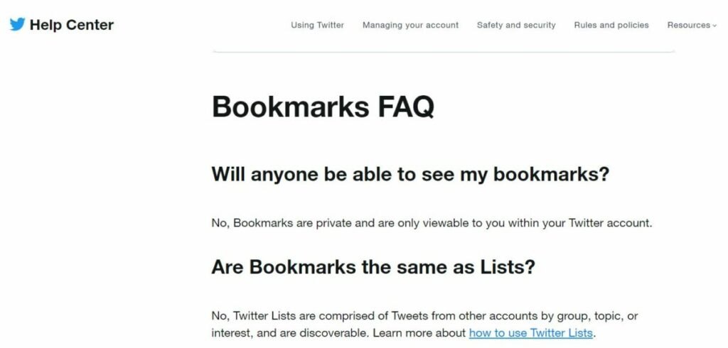 Twitter Help Center Bookmark