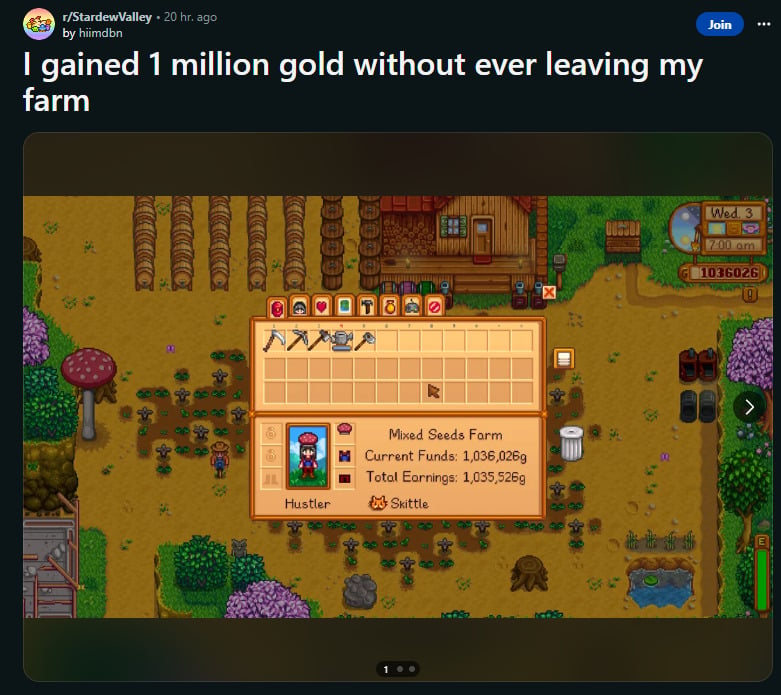 pemain stardew valley kumpulkan 1 juta gold