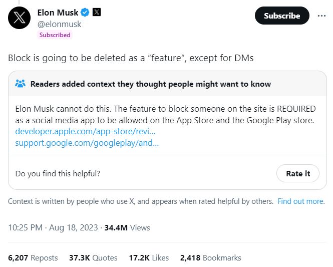 Elon Musk Hapus Fitur Blokir