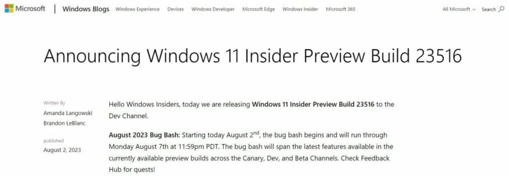 Pengumuman Microsoft Windows Insider Preview Build 23516
