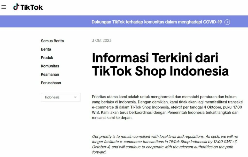 Pengumuman Resmi Tiktok Shop Indonesia