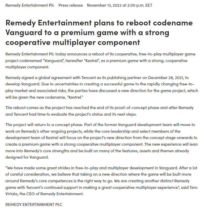 Press Release Remedy Entertainment
