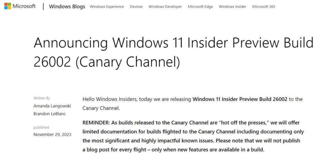 Windows 11 Insider Preview Build 26002 Canary Channel 2023