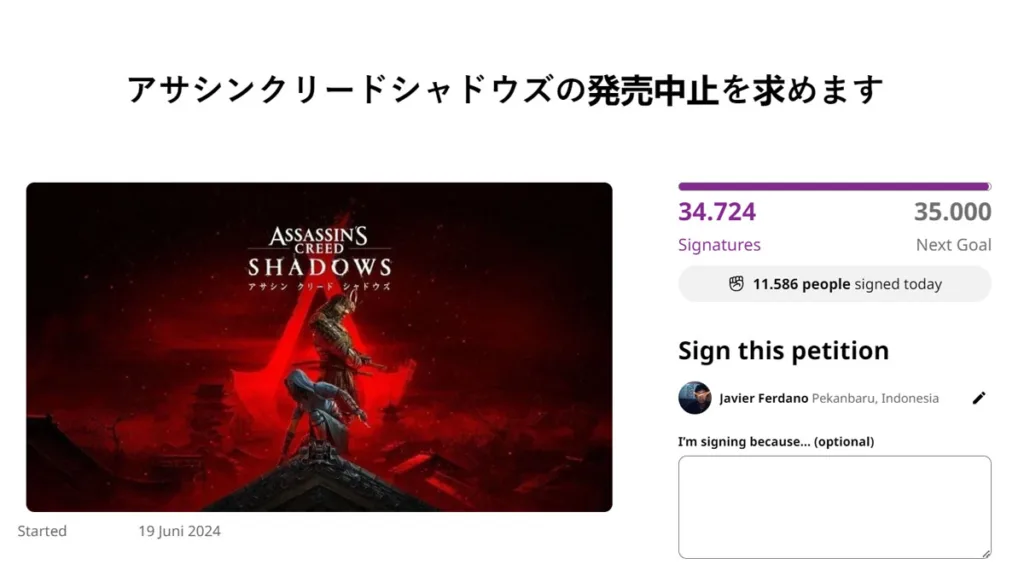 Petisi Tolak Assassin's Creed Shadows
