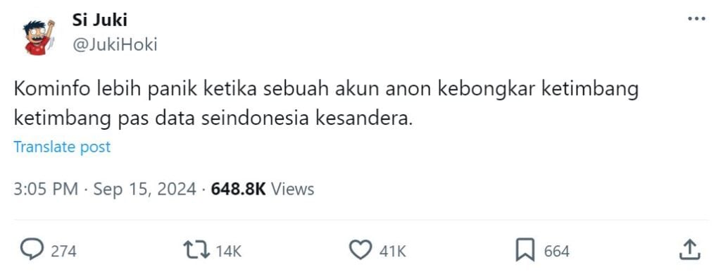 Cuitan Si Juki Sindir Kominfo 2024