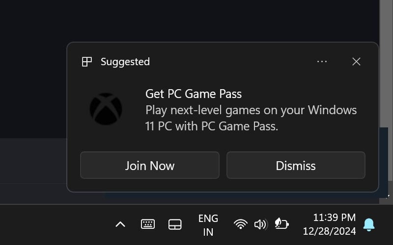 Notifikasi Iklan Xbox Game Pass Windows 11