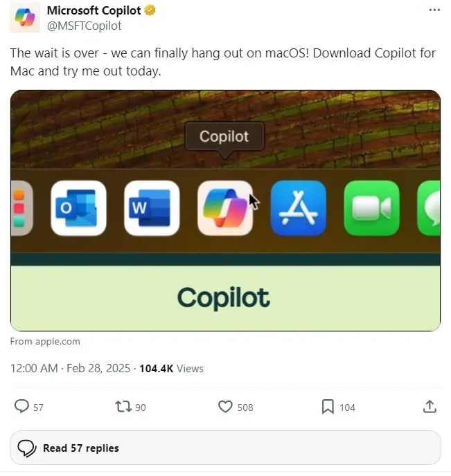 Microsoft Copilot untuk Mac Resmi Diluncurkan, Begini Persyaratannya! 2 Cuitan Microsoft Copilot Untuk Mac 2025