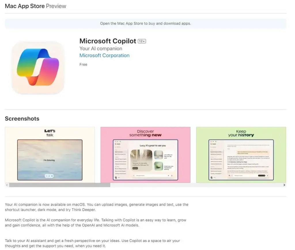 Microsoft Copilot untuk Mac Resmi Diluncurkan, Begini Persyaratannya! 3 Laman Mac App Store Microsoft Copilot 2025