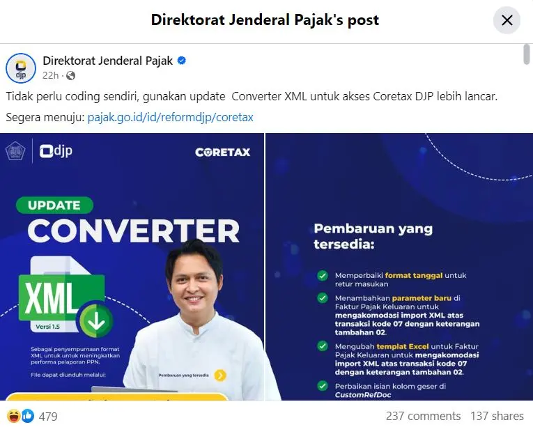 Postingan Akun Ditjen Pajak di Facebook Kenalkan Converter XML, Gak Perlu Coding? 2 Postingan Terbaru Ditjen Pajak Di Facebook