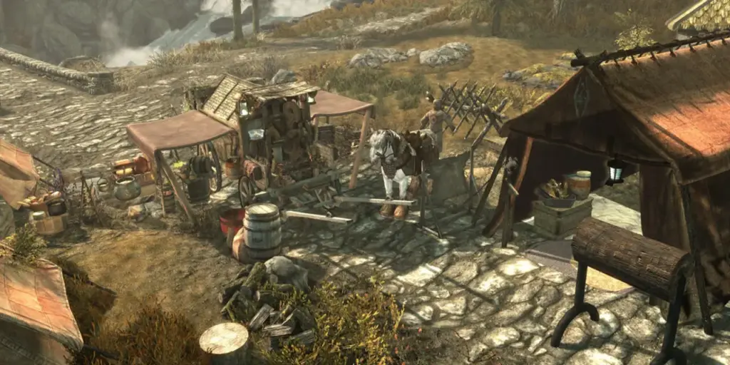 Berkemah sejenak saat menjelajah provinsi Skyrim dengan mod Dovah Rider Carriage.