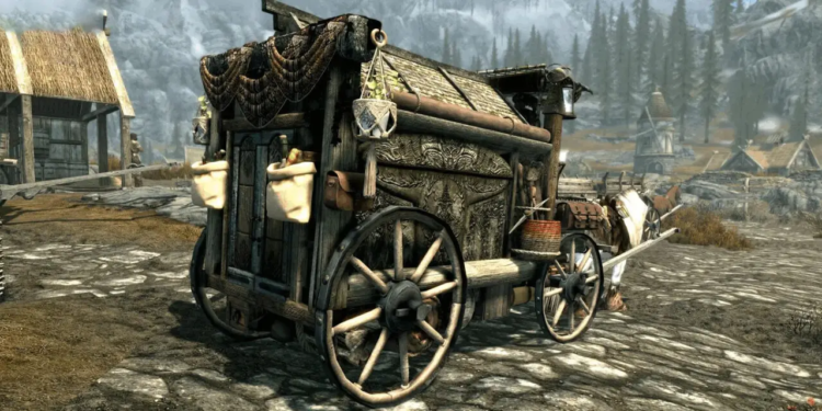 Mod kereta kuda Skyrim Dovah Rider Carriage Reborn untuk transportasi dan camping.