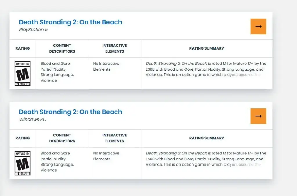 Rating Death Stranding 2 PC ESRB