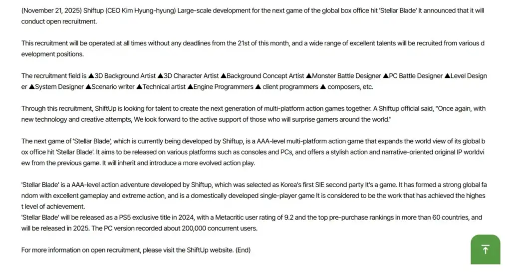 Pengembangan Stellar Blade 2 Dimulai