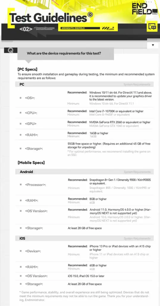 System Requirements Arknights Endfield