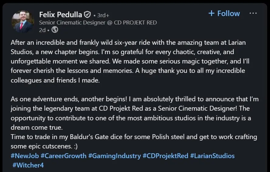 Mantan Pengembang Baldur's Gate 3 Gabung CDPR