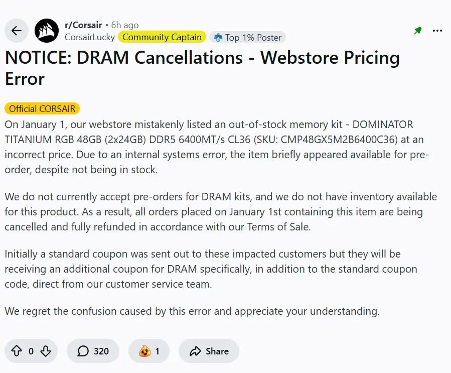 Salah Harga, Corsair Batalkan Pesanan RAM Pengguna yang Membeli di Situs Resminya 2 Corsair Reddit 2026