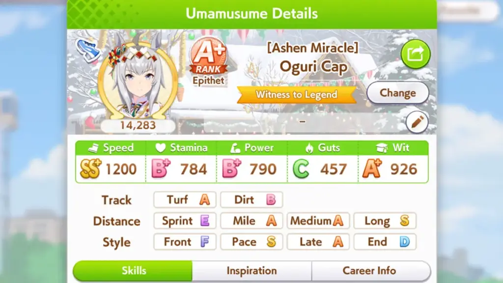 Gambaran Stat Oguri Cap di Sagittarius Cup