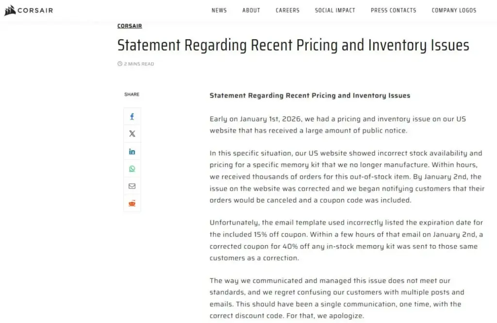 Pihak Corsair Meminta Maaf Setelah Sempat Membatalkan Pesanan Pengguna 3 Pernyataan Maaf dari Corsair