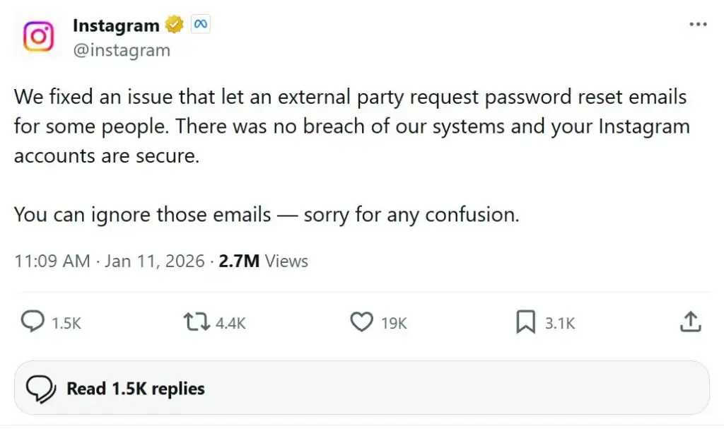 Belasan Juta Data Pengguna Instagram Sempat Diduga Bocor, Ini Tanggapan Meta 4 Pernyataan Meta Dugaan Peretasan 2026