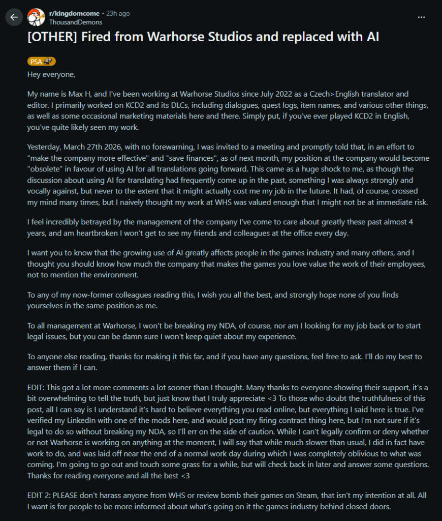 Karyawan Warhorse Studios AI