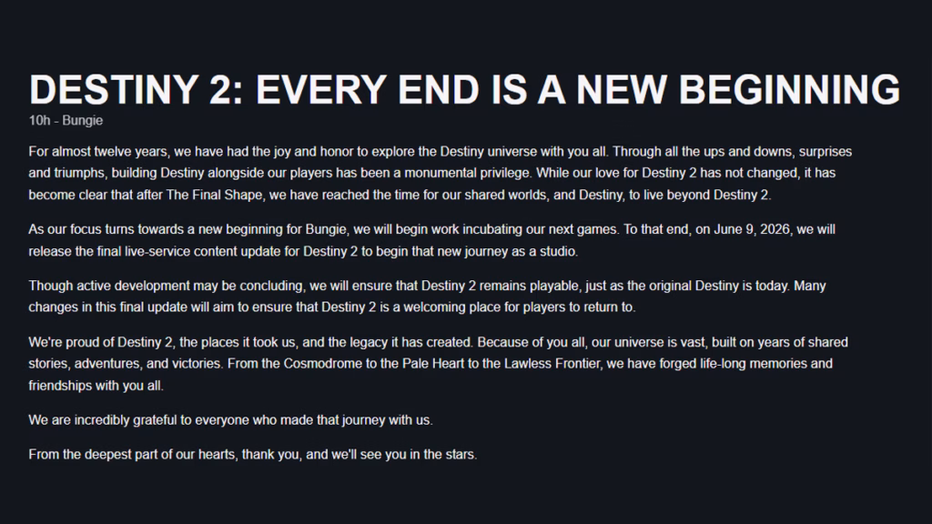 Bungie Umumkan Akhir Dukungan Pengembangan Destiny 2, Menuju Tutup Server? 2 Umumkan Update Terakhir Game